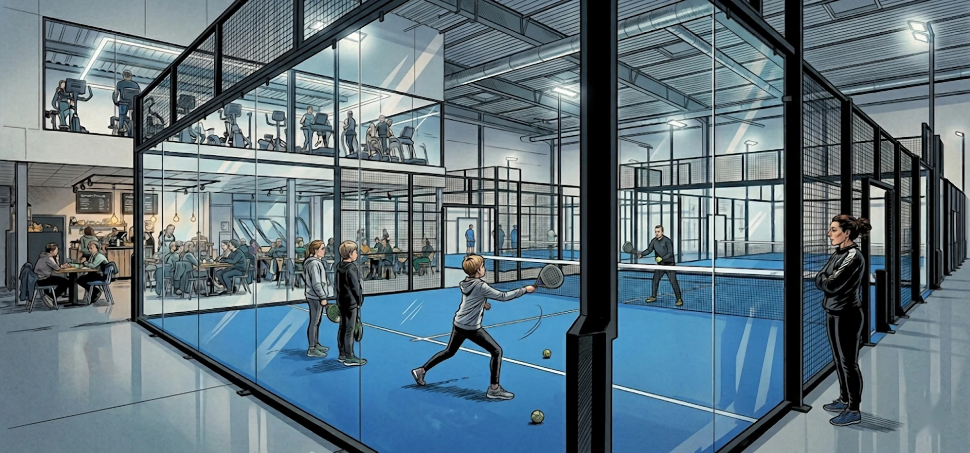 Ilustración de un campus de pádel infantil indoor con menores entrenando