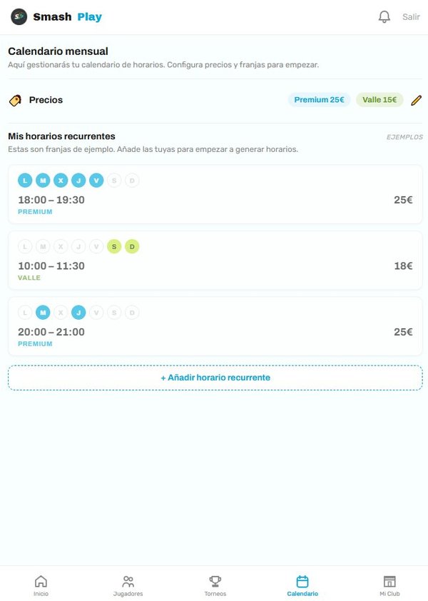 Calendario mensual del club con franjas horarias premium y valle, precios por hora y opciones de horarios recurrentes