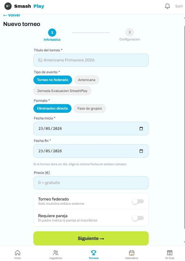 Formulario de creación de torneo o americana en SmashPlay con tipo de evento, formato, fechas y opciones
