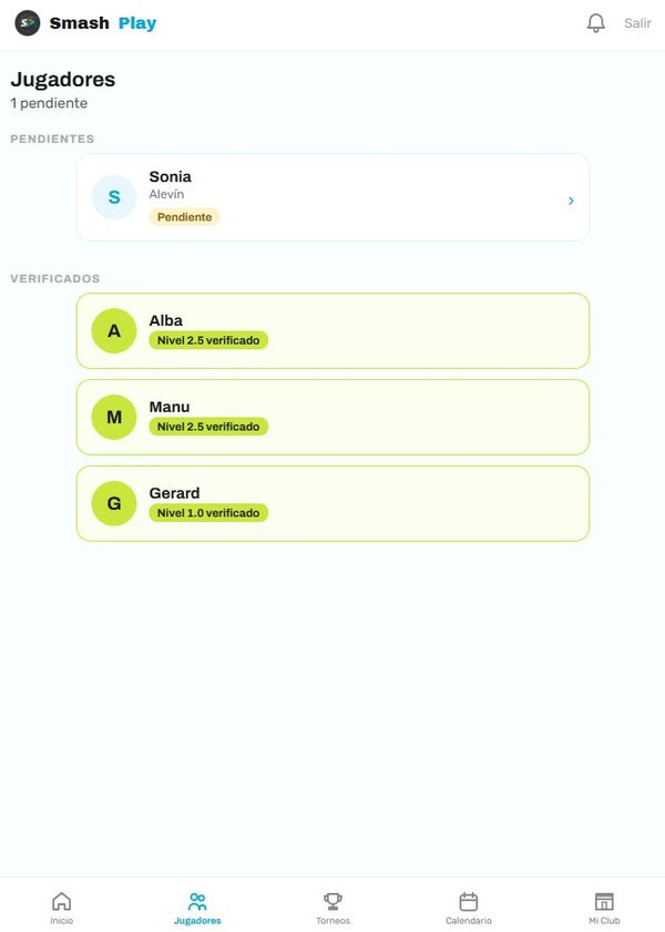 Lista de jugadores/as del club con alumnos pendientes de validación y verificados con su nivel oficial SmashPlay