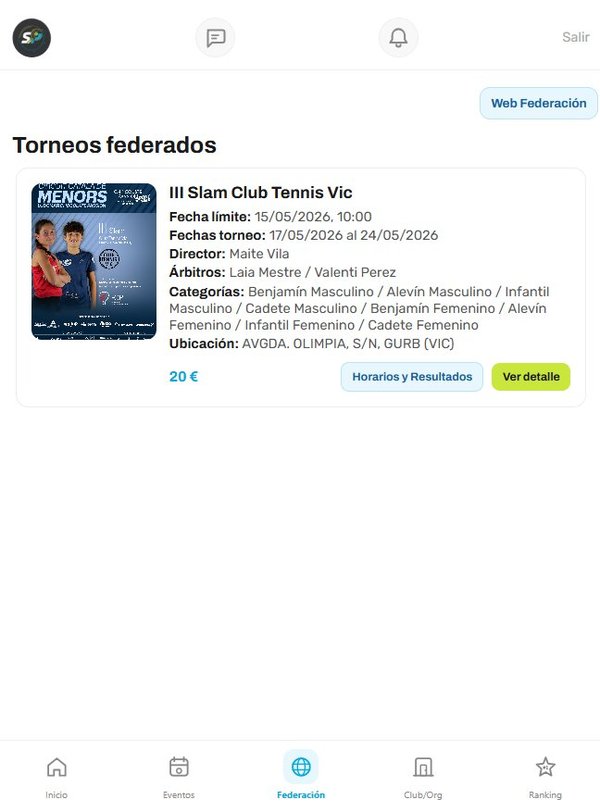 Listado de torneos federados de pádel infantil en SmashPlay con fechas, categorías y enlace a la web oficial de la federación