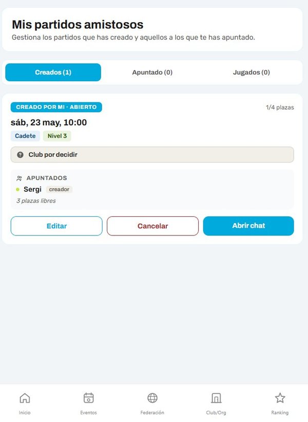 Pantalla 'Mis partidos amistosos' en SmashPlay: partido abierto de pádel infantil con plazas libres para que se apunten otros padres con hijos del mismo nivel