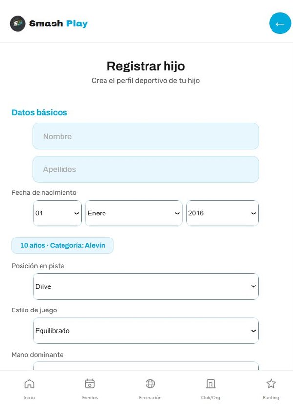 Pantalla de SmashPlay para registrar el perfil deportivo de un menor: nombre, fecha de nacimiento, posición y estilo de juego en la app de pádel infantil