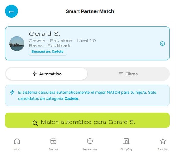 Pantalla Smart Partner Match: algoritmo de SmashPlay para encontrar pareja de pádel compatible para un menor con perfil verificado