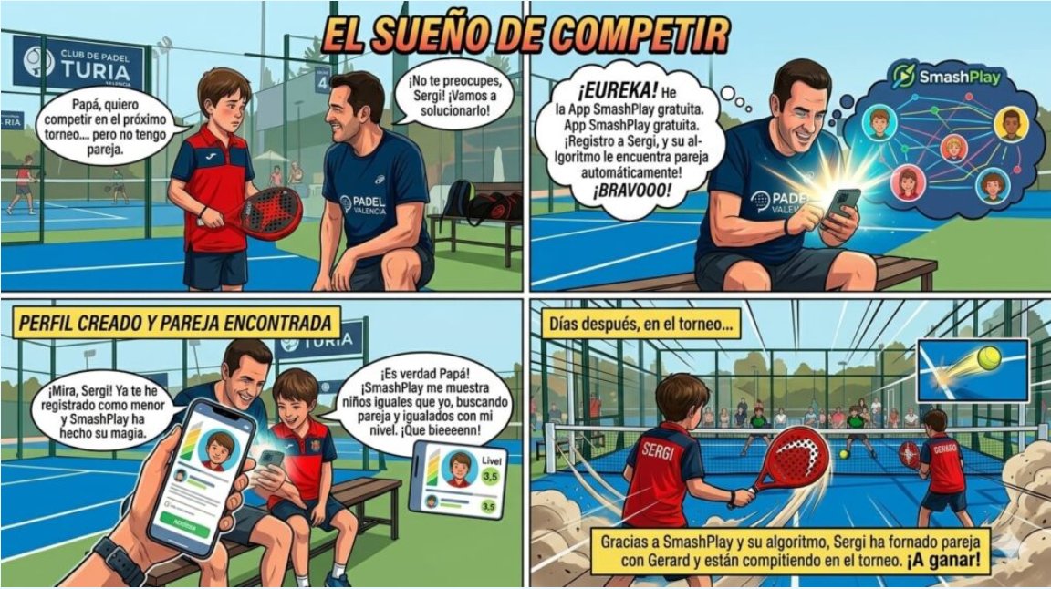 Cómic de cuatro viñetas que cuenta la historia de Sergi, un joven jugador con sueños de competir en pádel infantil